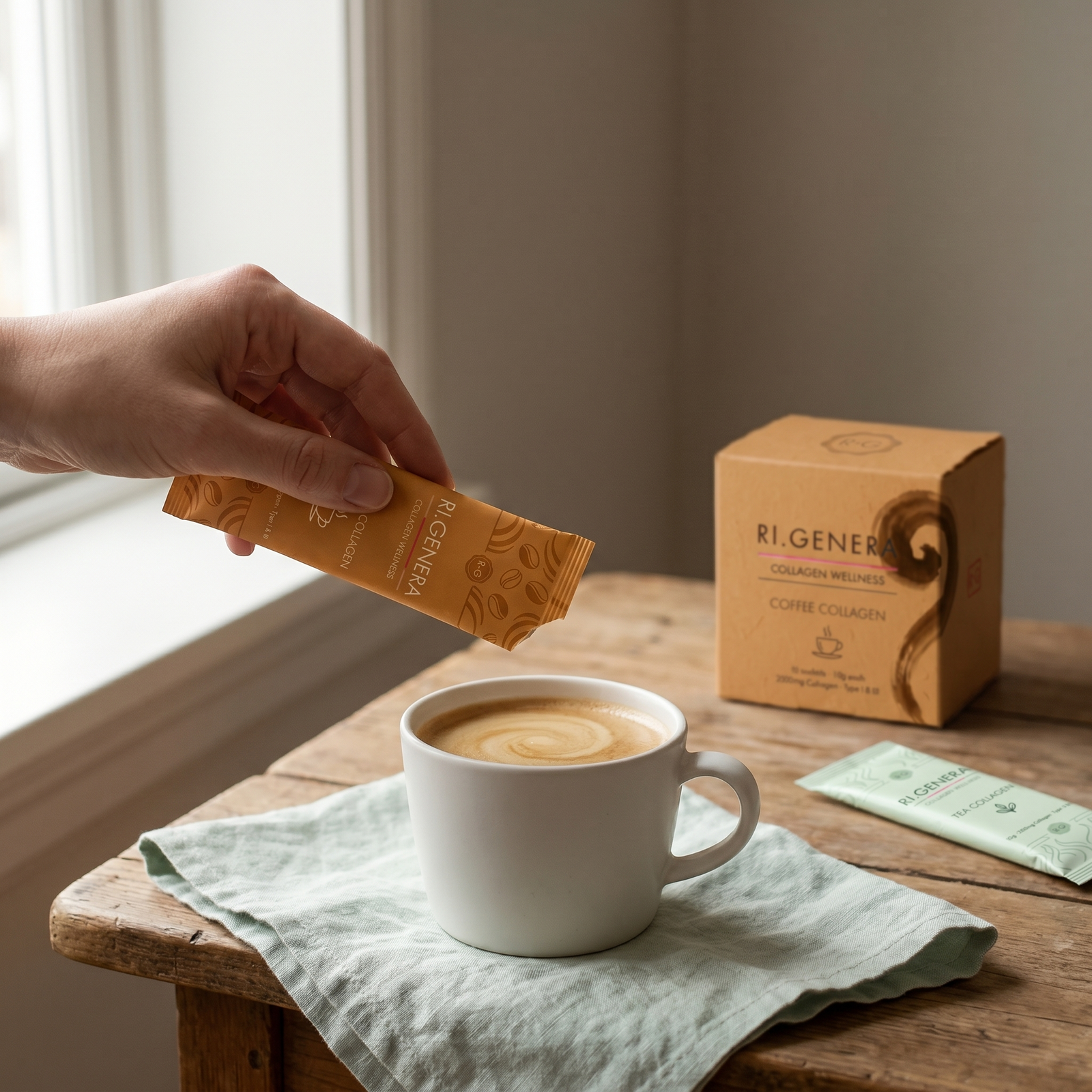 RI.GENERA Tea Collagen sachet beside a ceramic cup with morning light