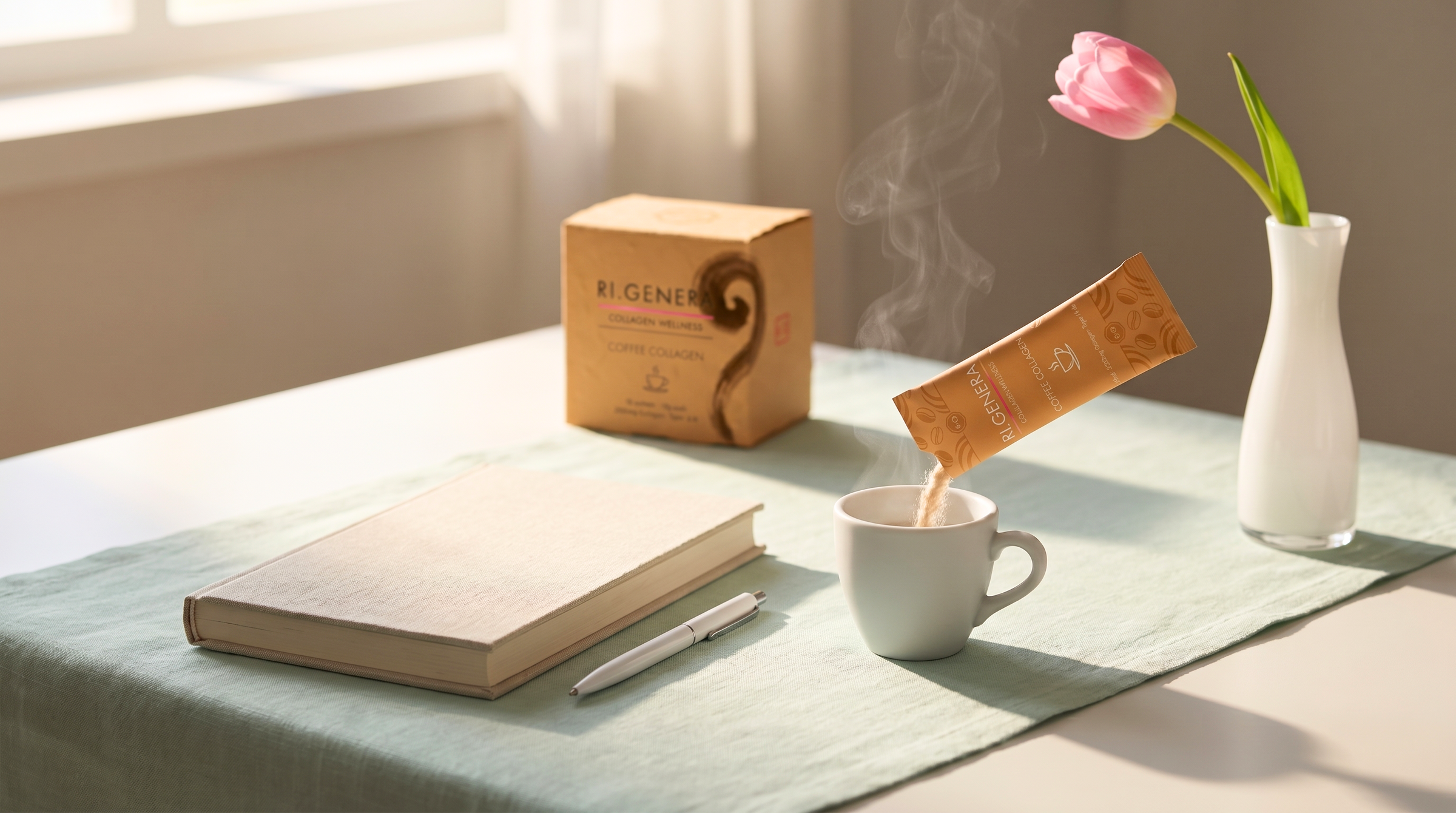 RI.GENERA Coffee Collagen and Tea Collagen sachets on Japanese washi paper